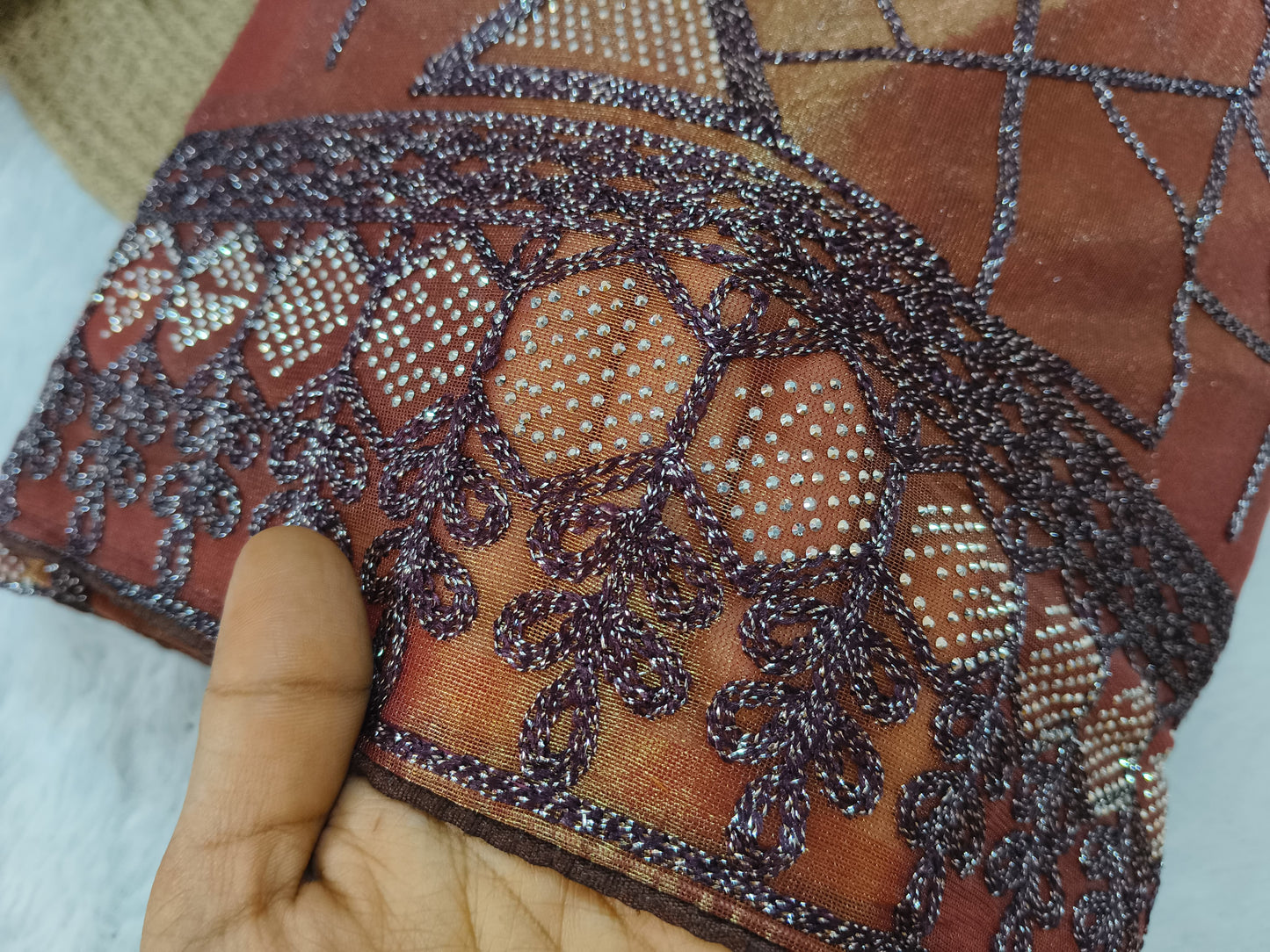 Brown Zari Embroidery Organza Saree