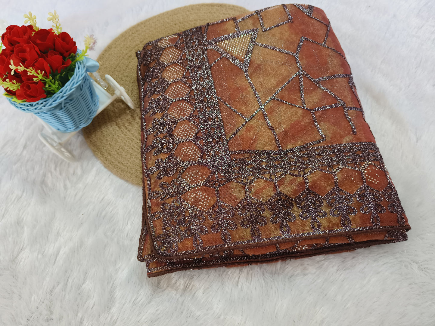 Brown Zari Embroidery Organza Saree