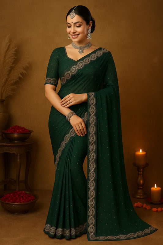 Dark Green Designer Siroski Georgette Saree