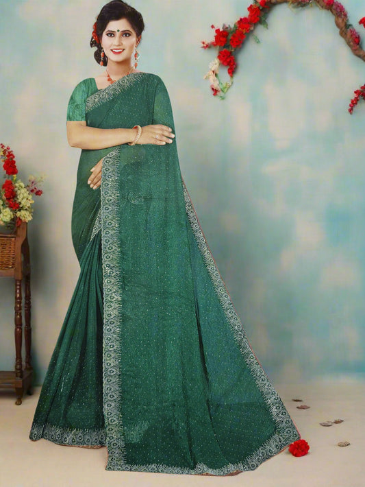 Dark Green Georgette Embellished Saree
