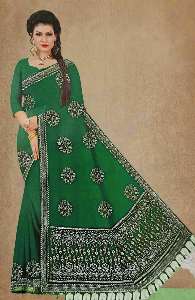 Dark Green Heavy Siroski Work Chiffon Saree