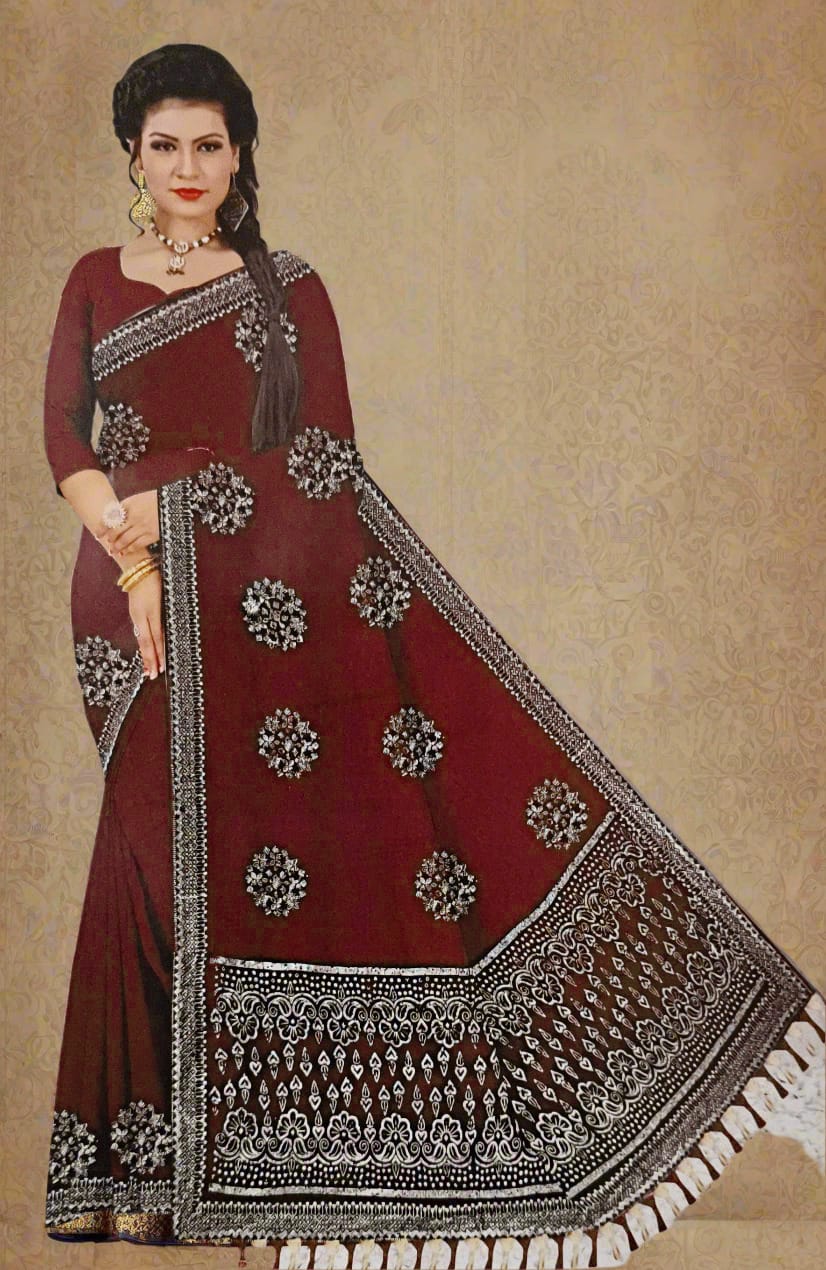 Brown Heavy Siroski Work Chiffon Saree