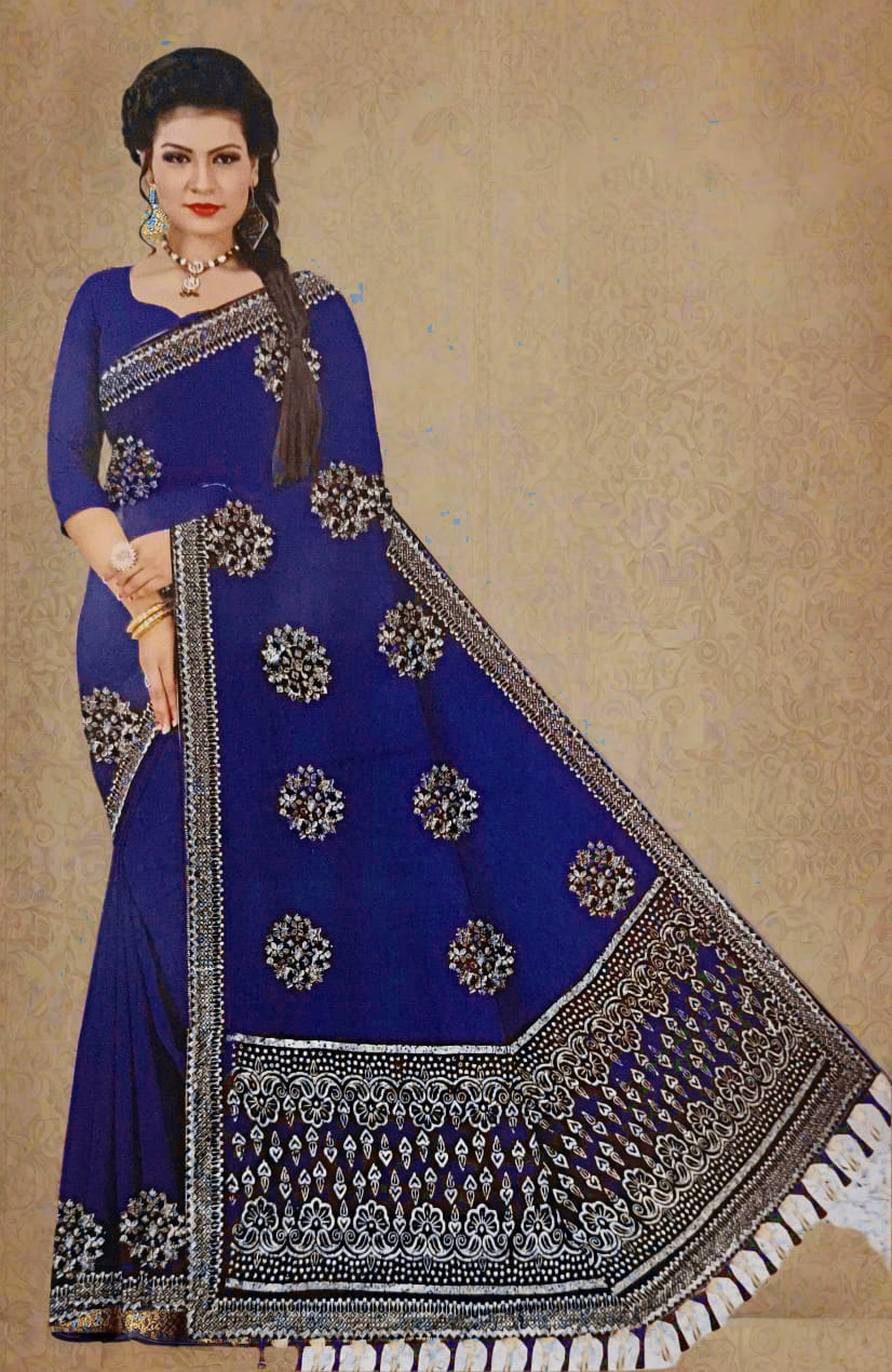 Blue Heavy Siroski Work Chiffon Saree