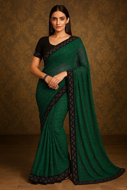 Green Color Stretchable Sequence Saree