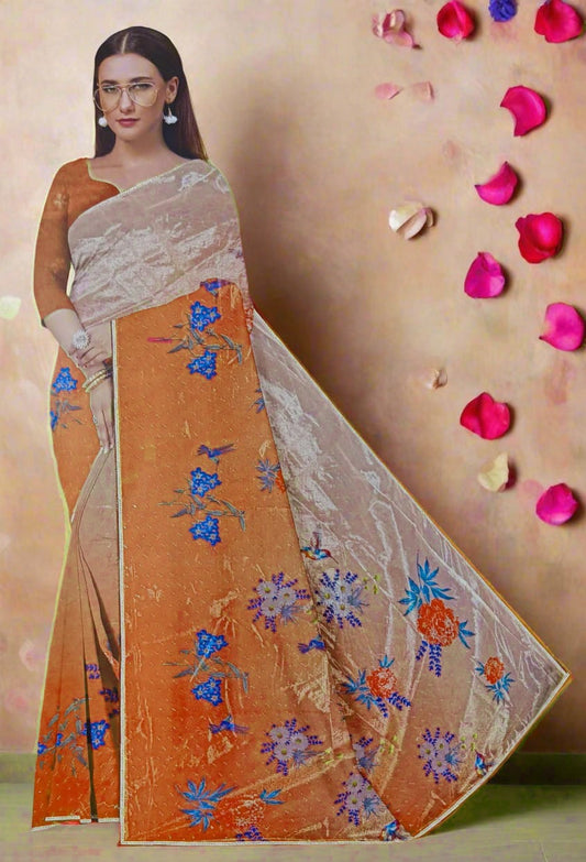 Orange Digital Print Organza Saree
