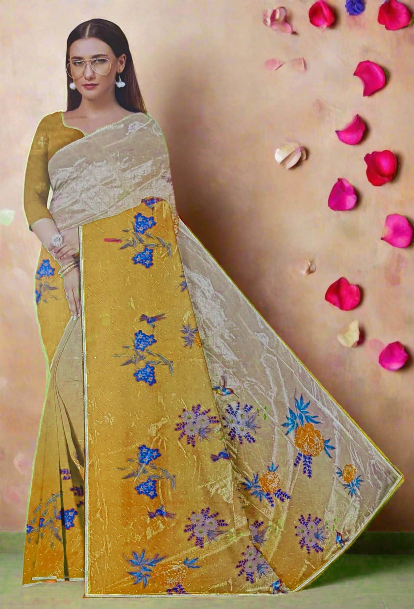 Yellow Digital Print Organza Saree