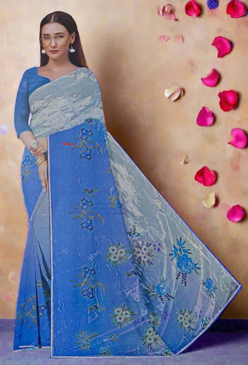 Blue Digital Print Organza Saree