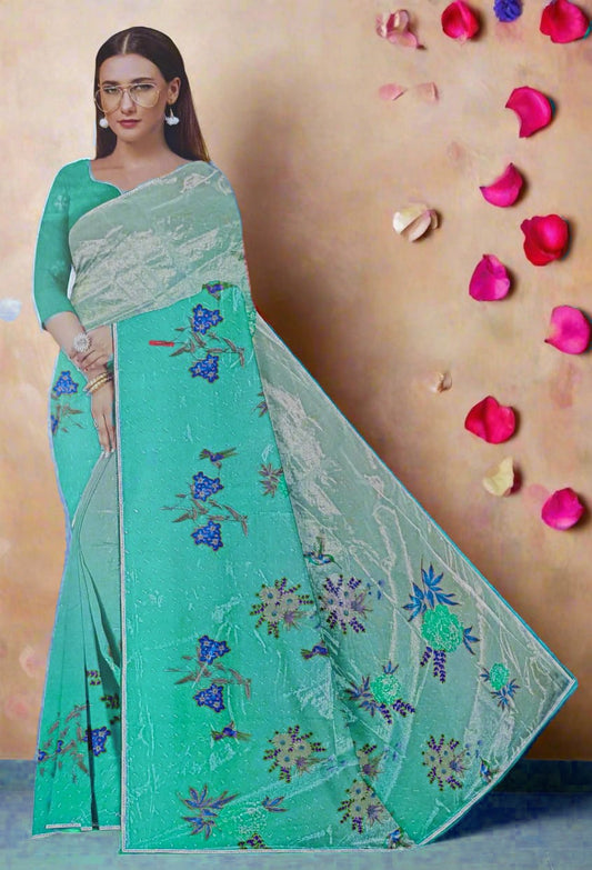Green Digital Print Organza Saree