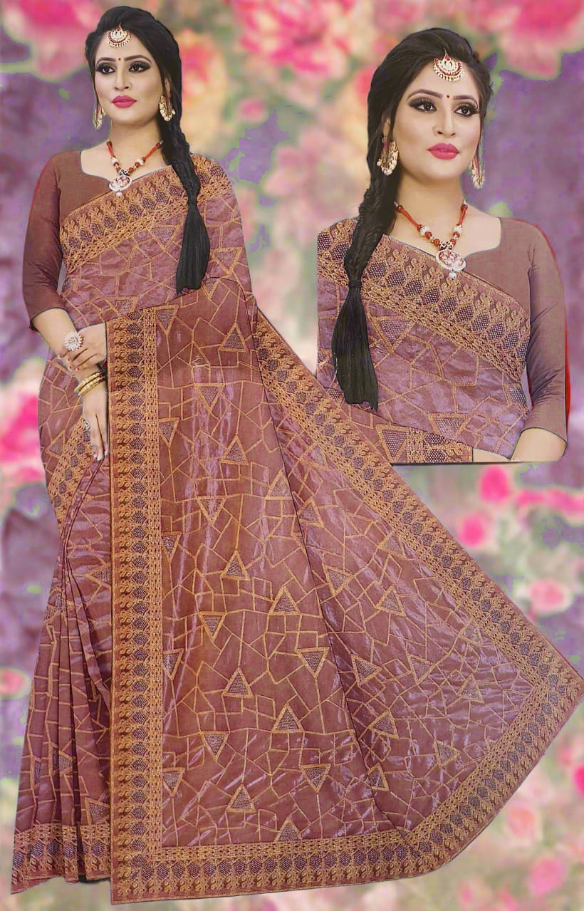 Brown Zari Embroidery Organza Saree