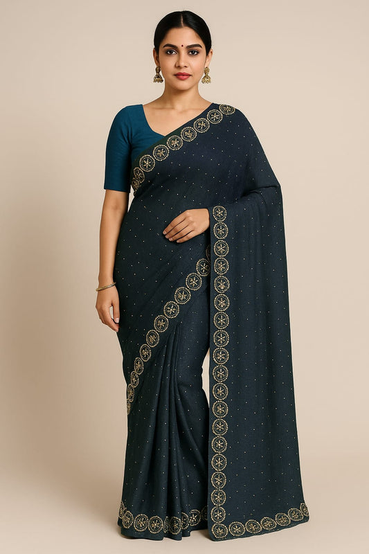 Teal Blue Stone Work Crush Fabric Saree