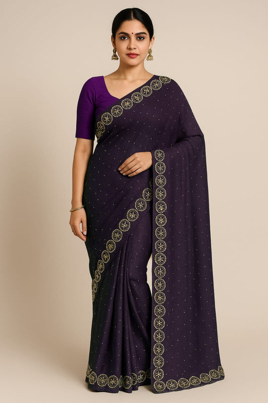 Purple Stone Work Crush Fabric Saree