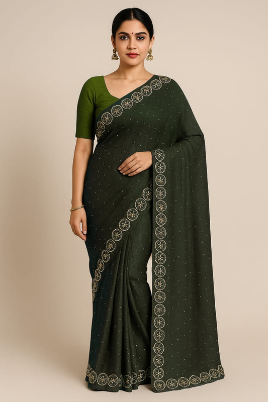 Green Stone Work Crush Fabric Saree