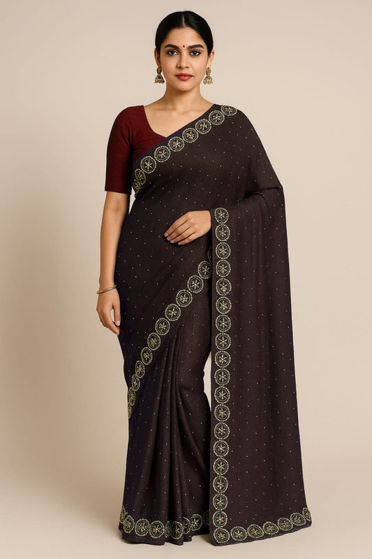Brown Stone Work Crush Fabric Saree