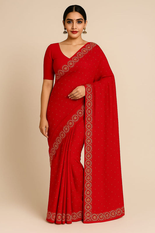 Red Stone Work Crush Fabric Saree