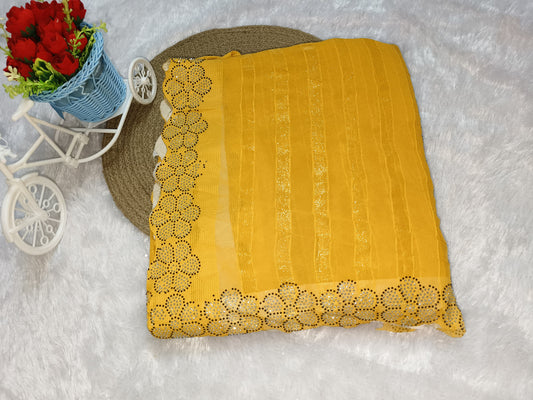 Flower Pattern Sequence Work Yellow Saree