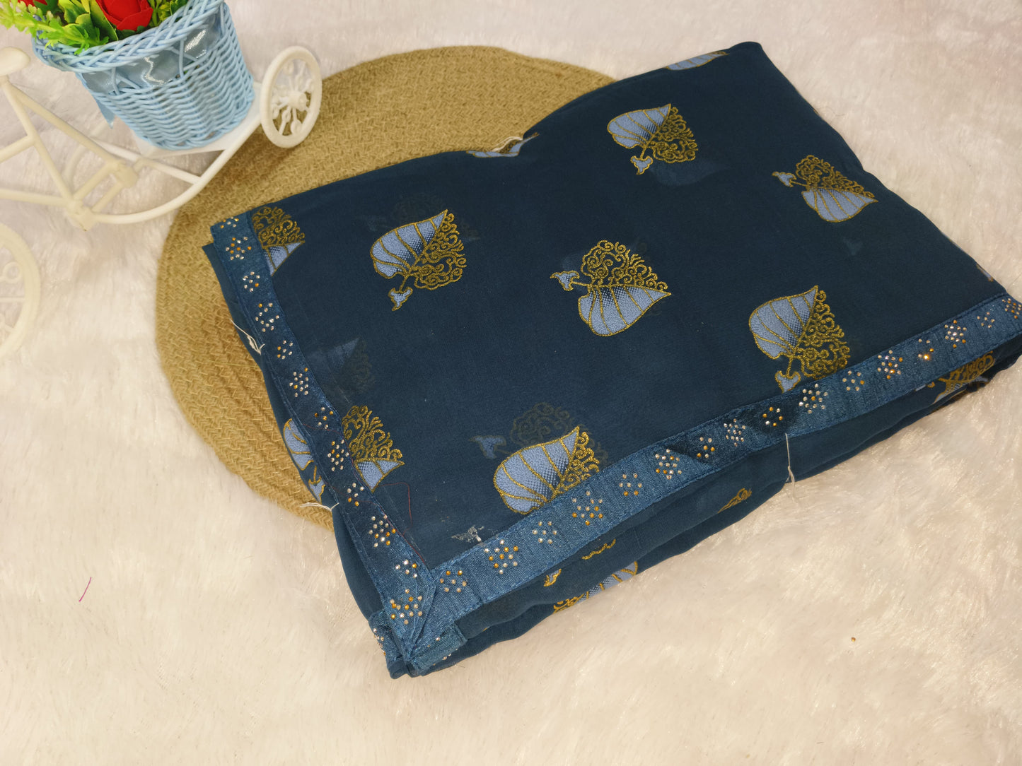 Golden Leaf Printed Teal Blue Saree