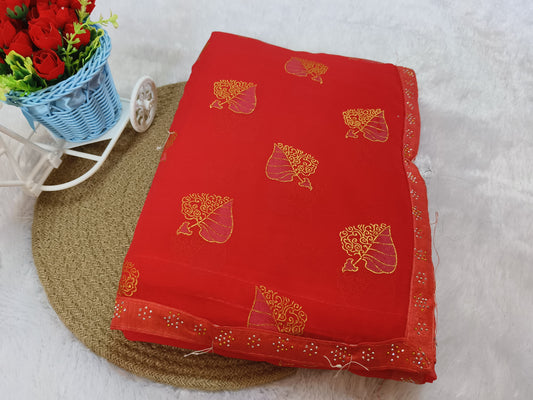 Golden Leaf Printed Pink Saree