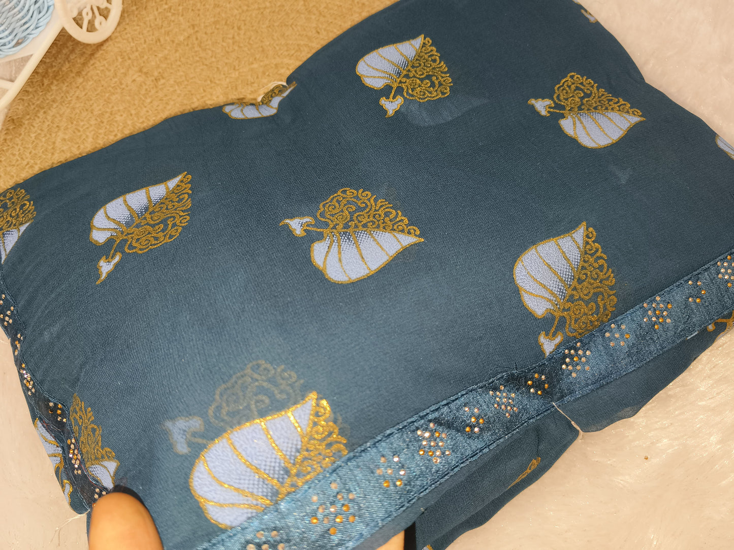 Golden Leaf Printed Teal Blue Saree