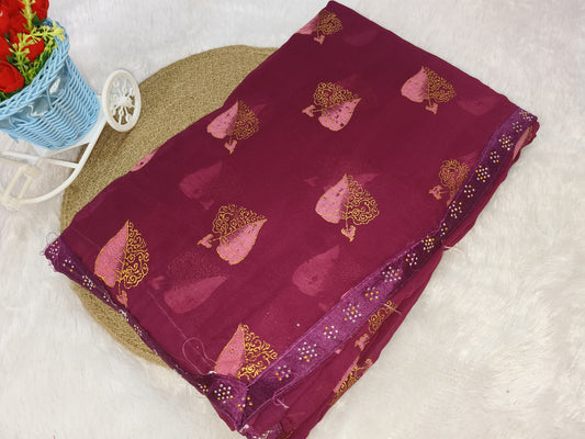 Golden Leaf Printed Purple Saree