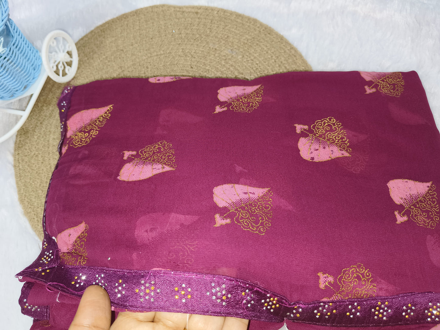 Golden Leaf Printed Purple Saree