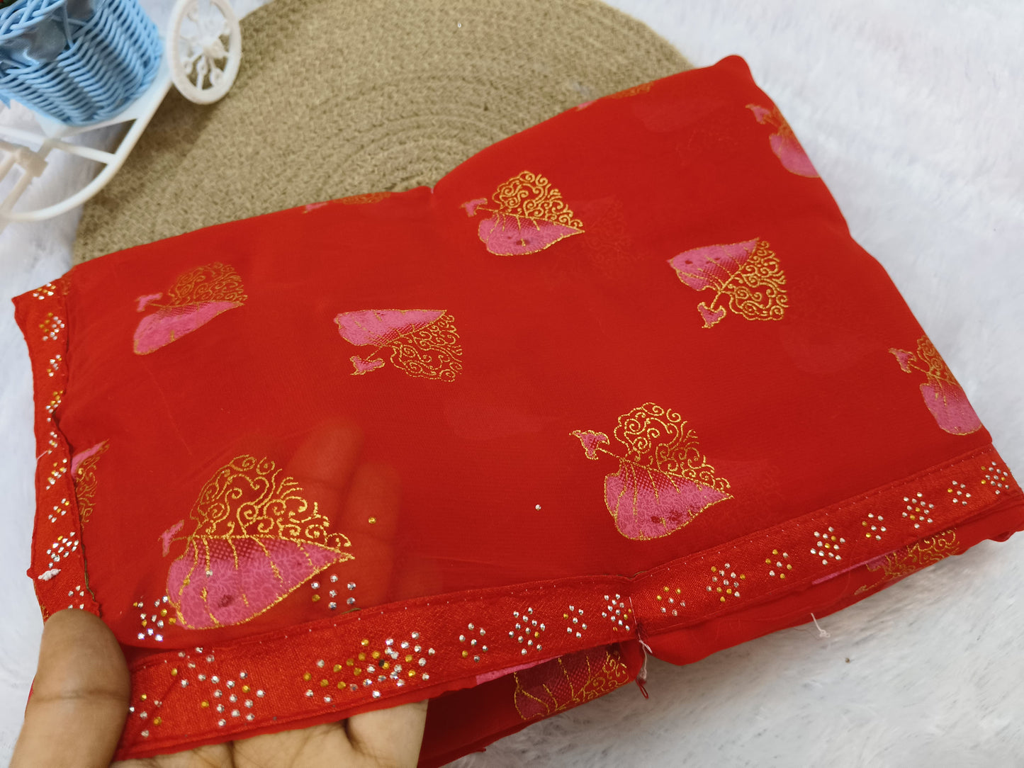 Golden Leaf Printed Red  Saree
