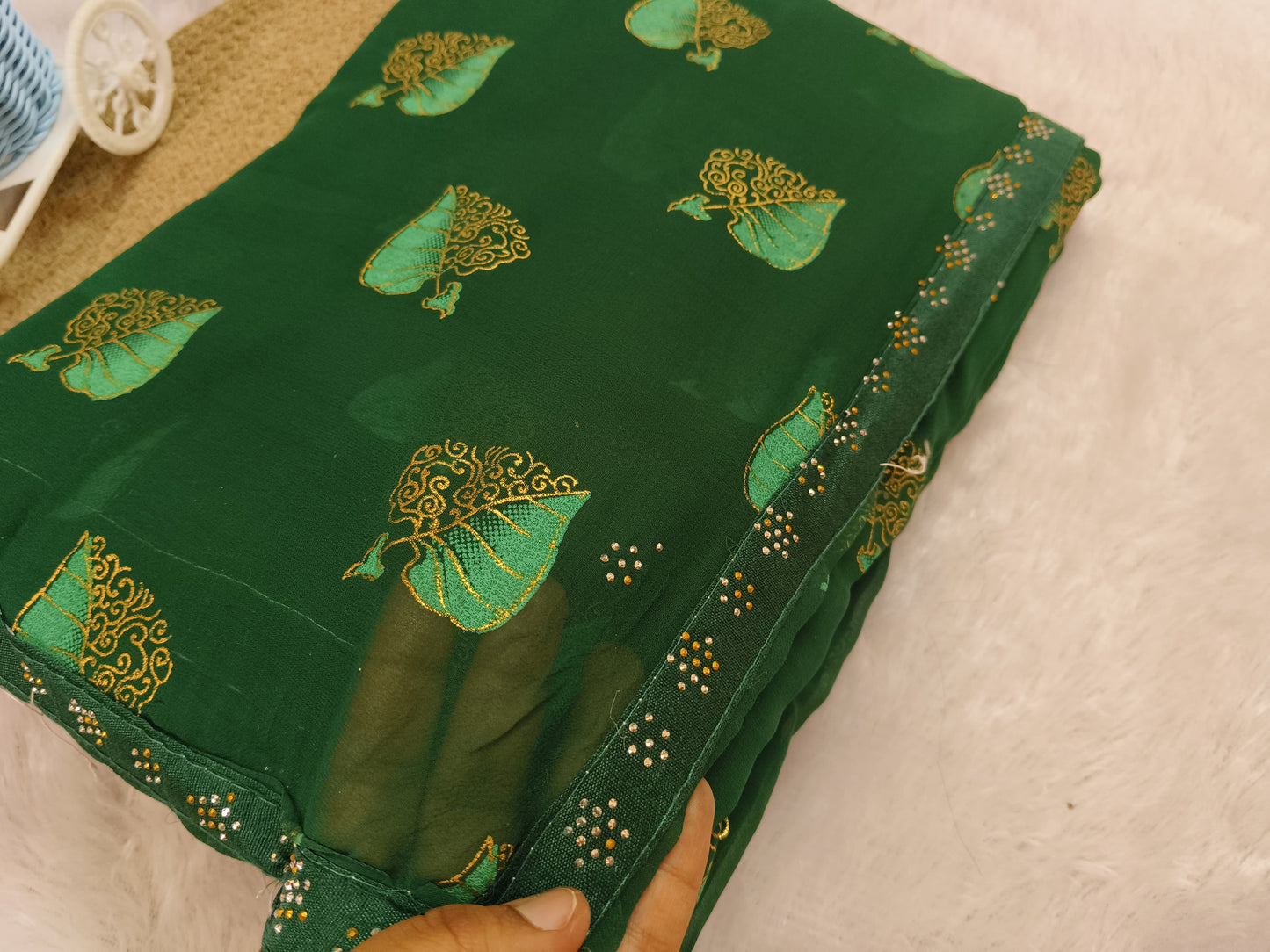 Golden Leaf Printed Green Saree