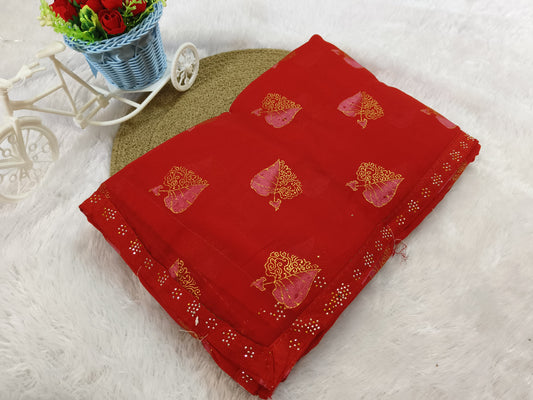 Golden Leaf Printed Red  Saree
