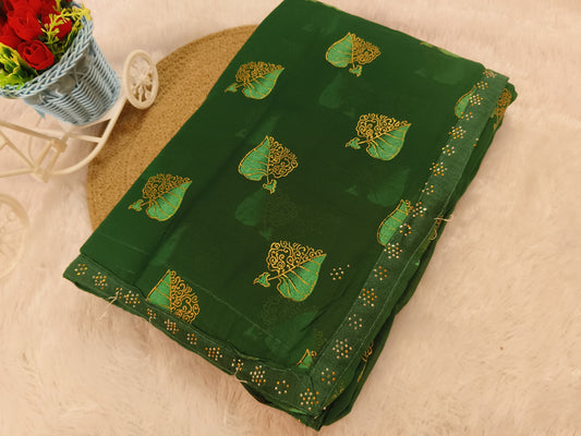 Golden Leaf Printed Green Saree