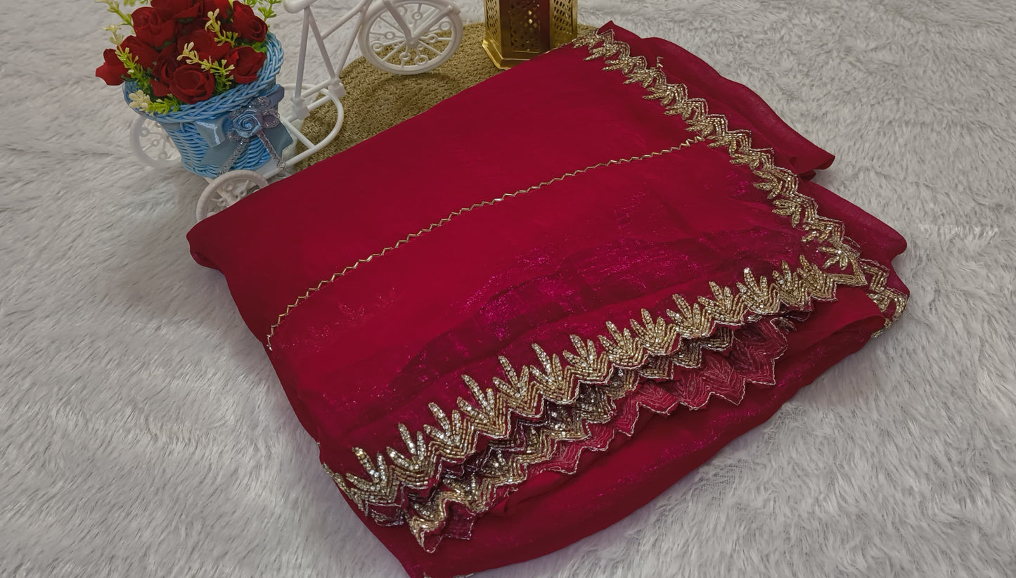 Rani Pink color cut work Jimmy-cho saree