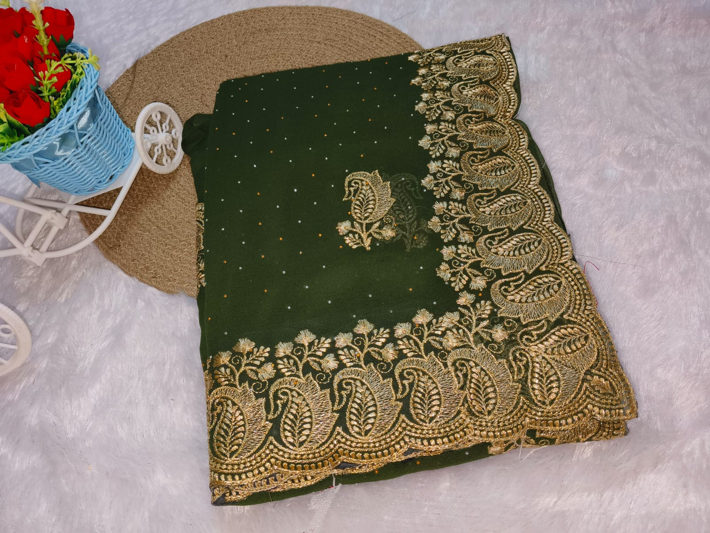 Zari Embroidery Bottle Green Georgette Saree