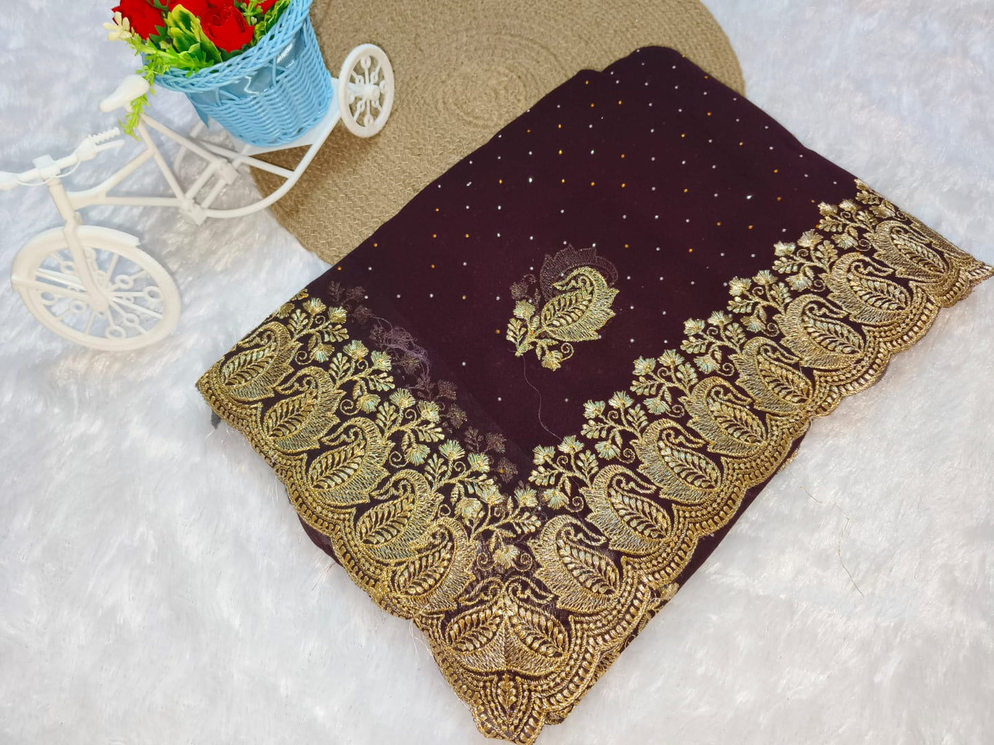 Zari Embroidery Brown Georgette Saree