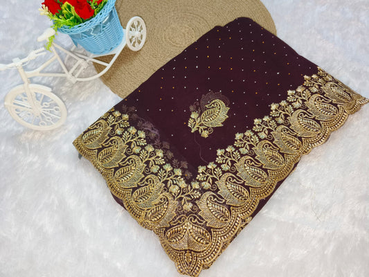 Zari Embroidery Brown Georgette Saree