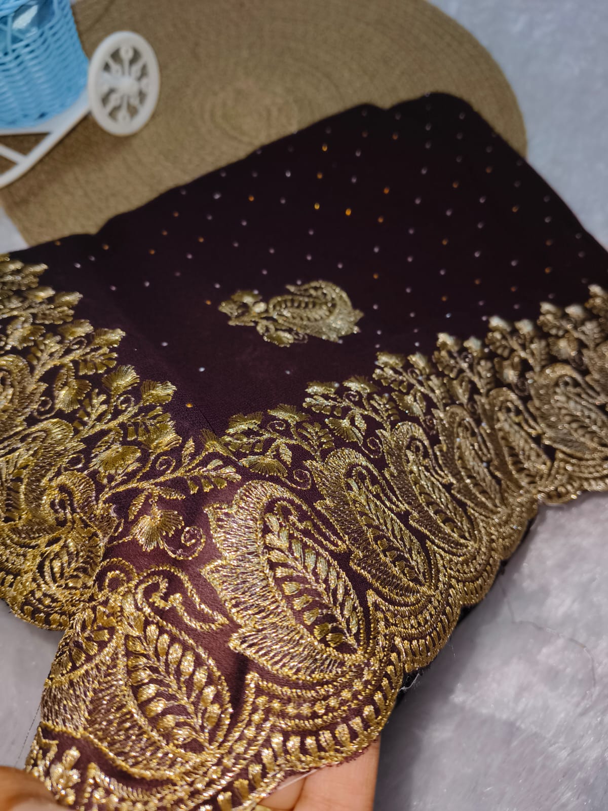 Zari Embroidery Brown Georgette Saree