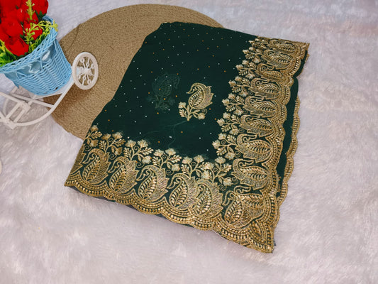 Zari Embroidery Dark Green Georgette Saree