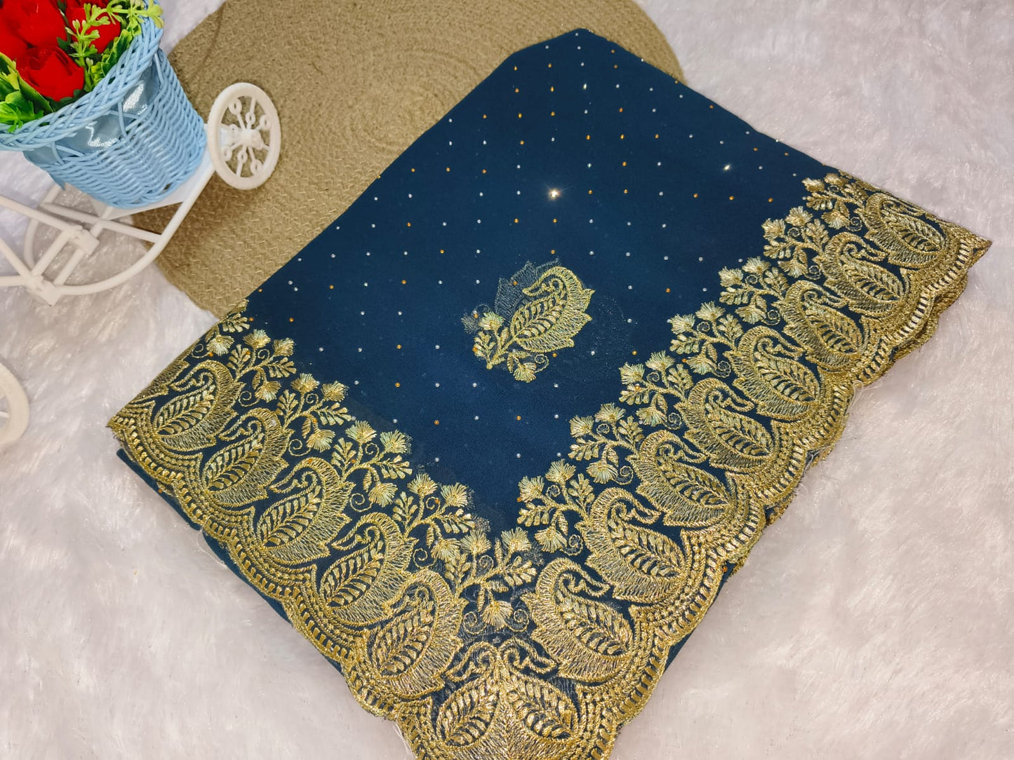 Zari Embroidery Peacock Green Georgette Saree