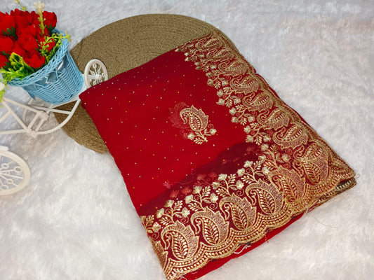 Zari Embroidery Red Georgette Saree